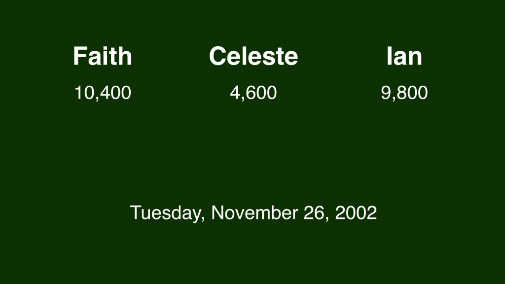 Final Jeopardy wagering November 26, 2002 Slide 01
